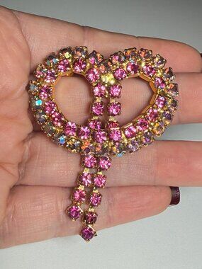 Vintage Pink Rhinestone Bow Brooch Articulated Dangle Ribbon Pin 2.25"